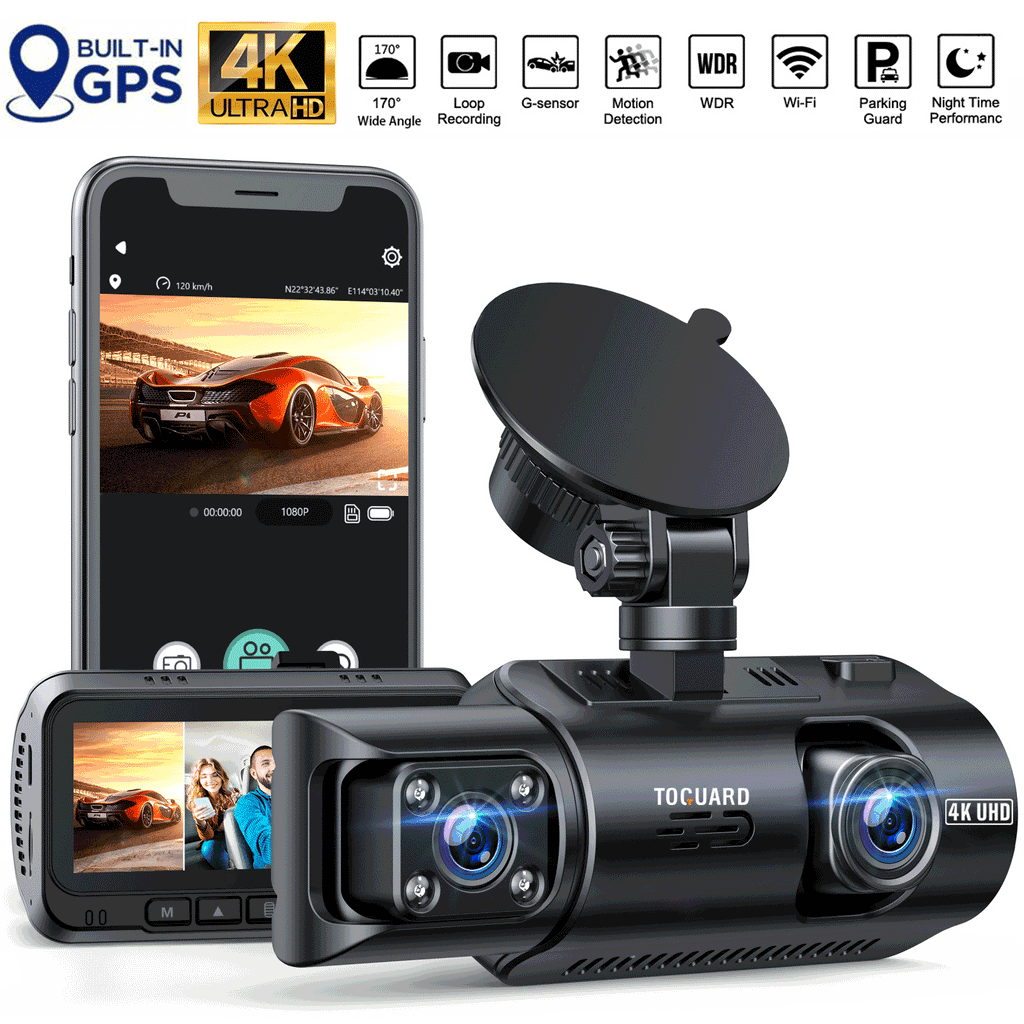 TOGUARD Front and Inside Dual Dash Camera 4K Car Dash Cam with GPS 3.16" Display, 170° Wide Angle, IR Night Vision, Support 256GB Max, Black