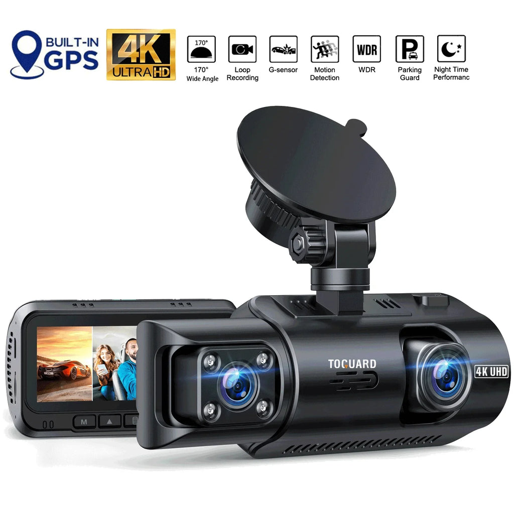 TOGUARD Front and Inside Dual Dash Camera 4K Car Dash Cam with GPS 3.16" Display, 170° Wide Angle, IR Night Vision, Support 256GB Max, Black