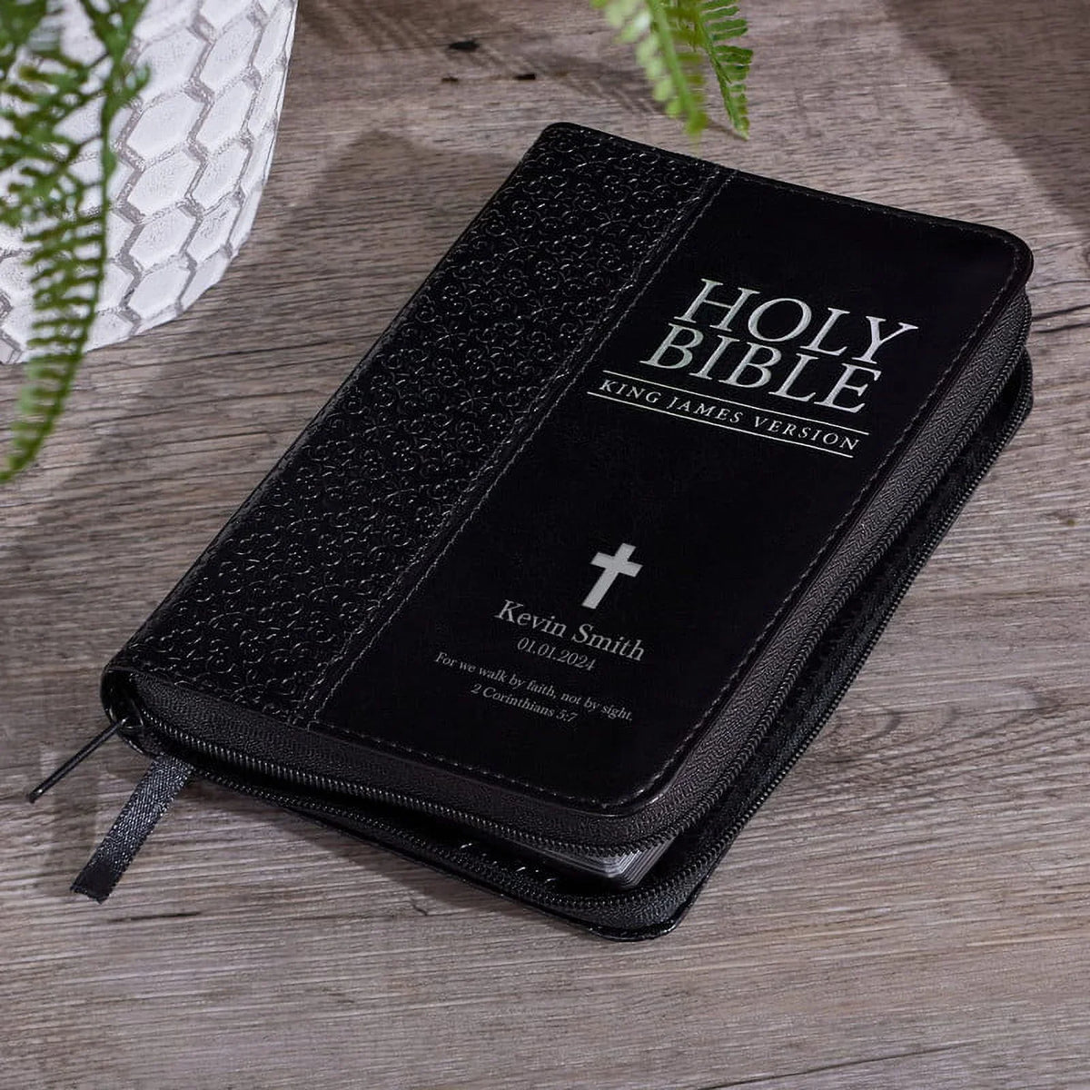 Personalized KJV Compact Pocket Bible with Zipper Closure King James Version Faux Leather Holy Bible with Custom Name Up To 3 Rows Of Text - Ideal for Travel in backpack, purse, or briefcase | Black