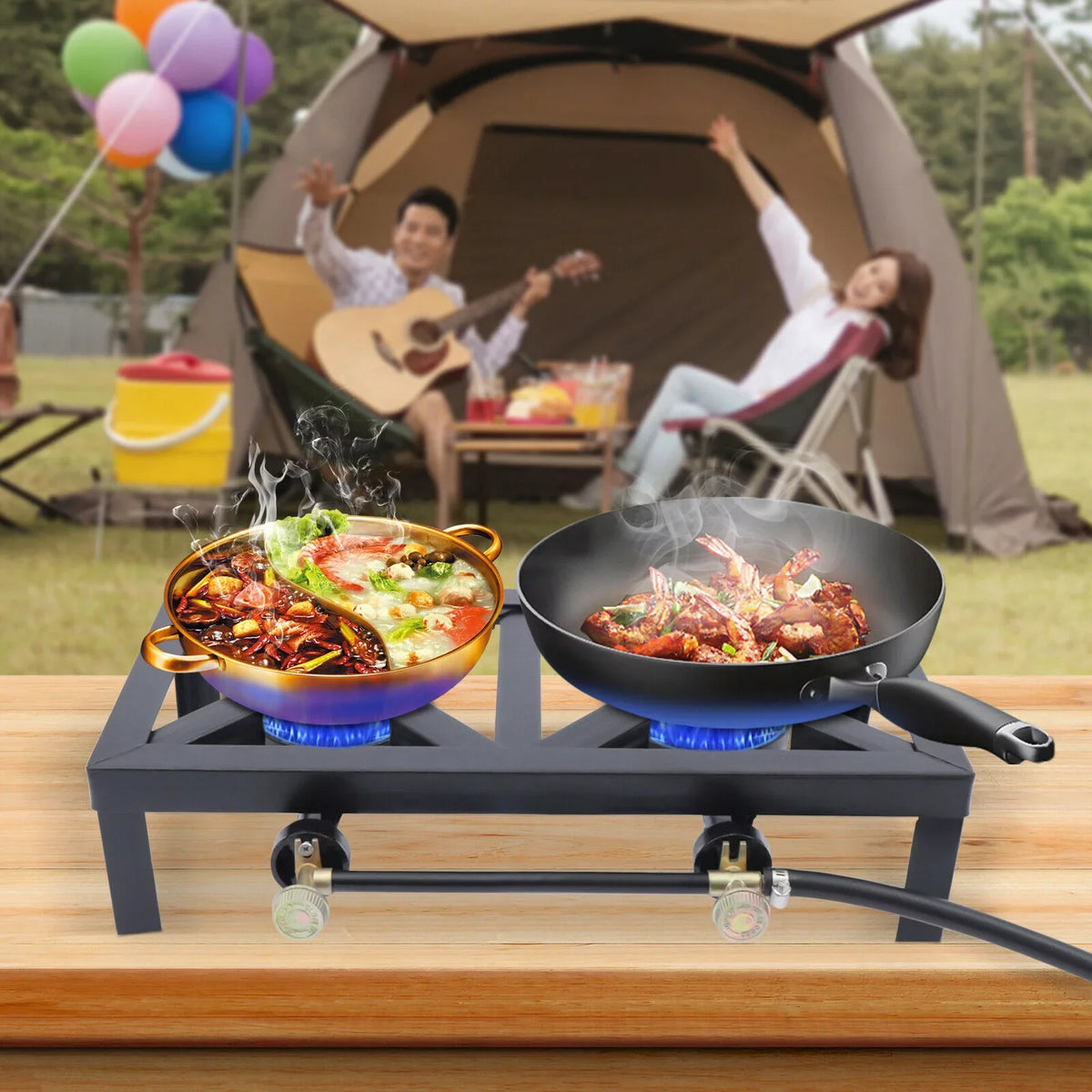8KW/27295BTU Portable 2 Burners Outdoor BBQ Camping Gas Stove Hiking Propane Cooker W/ Hose