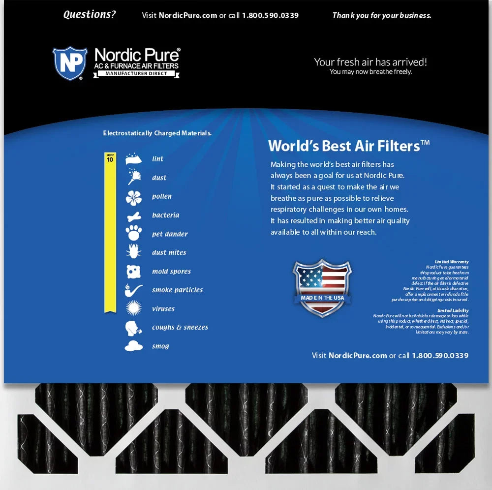 Nordic Pure 20x20x2 Pleated Air Filters MERV 10 Pleated Plus Carbon 12 Pack