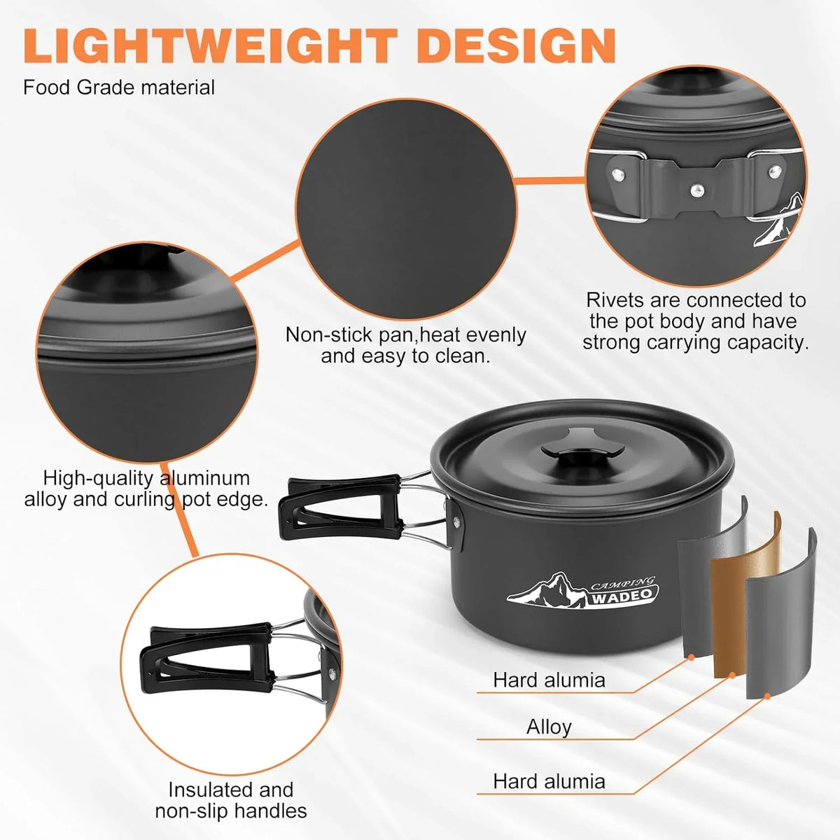 WADEO 6800W Windproof Camping Stove with Camping Pot, Camping Cookware Kit with Camping Gas Stove, Fuel Canister Adapters, Knife, Spoon, Fork, Bowl and Soup Spoon for Outdoor Backpacking Hiking Picnic