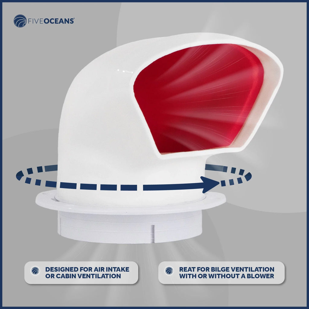 Five Oceans  3-Inch Cowl Vent with Snap-On Deck Plate and wrap, Low Profile UV-impervious and Flexible PVC, Red Interior, for Air Intake or Cabin Ventilation- FO88