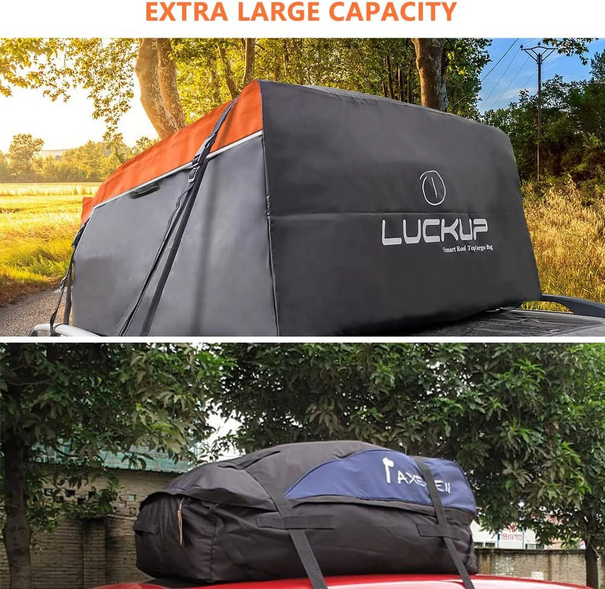 LUCKUP Roof Rack Car Cargo Carrier Bag,18.5 Cubic Ft Rooftop Box, Waterproof &Durable with Anti-Slip Mat, Heavy Duty Wide Straps and Buckles, appropriate for All Car Models (Black & Orange)