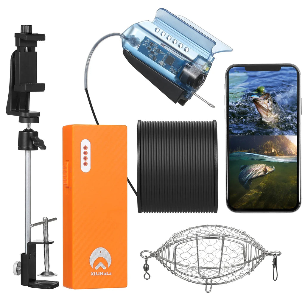 Dcenta 1080P Underwater Fishing Camera with APP Control Fishing Live Video Camera Fish Finder with 50M Cable Mobile Phone Holder Bait Cage Carry Case for Ice Lake Sea craft Kayak Fishing