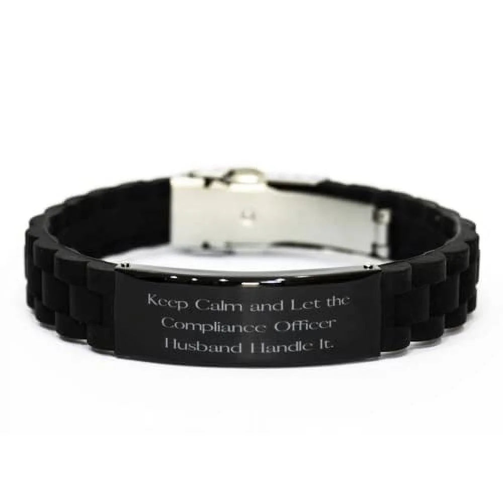 Black Glidelock Clasp Bracelet, Husband Engraved Bracelet, Motivational for Husband. amangny Keep Calm and Let The Compliance Officer Husband