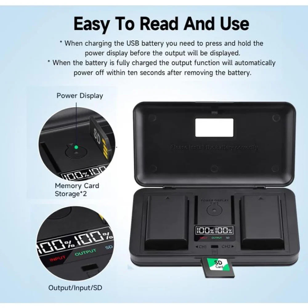 NP-FZ100 2 Pack 7.4V 2280mAh Battery with LCD Multi-Functional Battery Charger Case for  BC-QZ1 Charger, Alpha FX3, FX30, A1, A7C, A9, A9 II, A7R III, A7R IV, A7S III, A7 III, A7 IV, A6600
