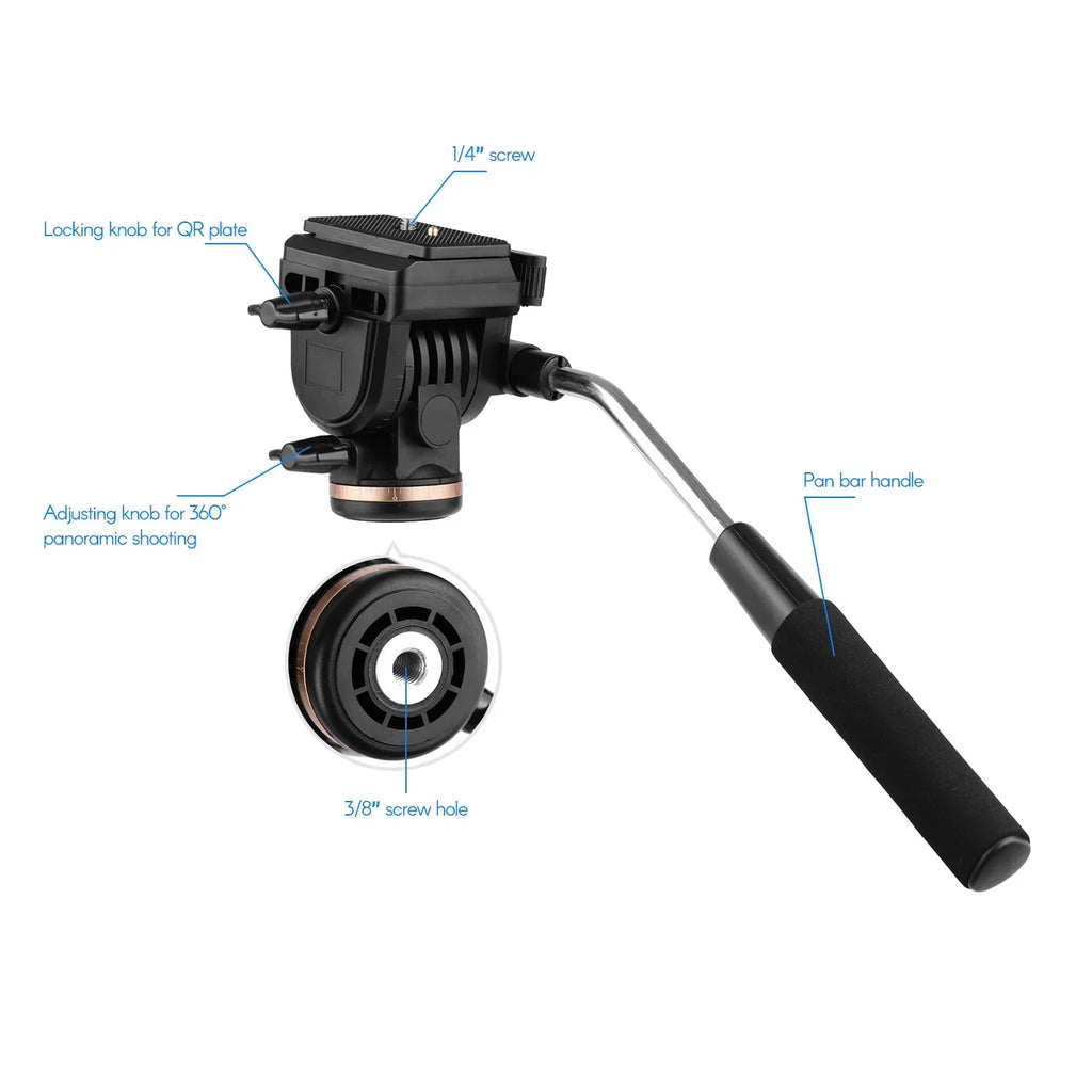 Docooler Professional Camera Video Fluid Drag Pan Head Damping Tripod Head 6kg Load Capacity with Handle 1 4 Inch Quick Release Plates suitable with DSLR Cameras Camcorders