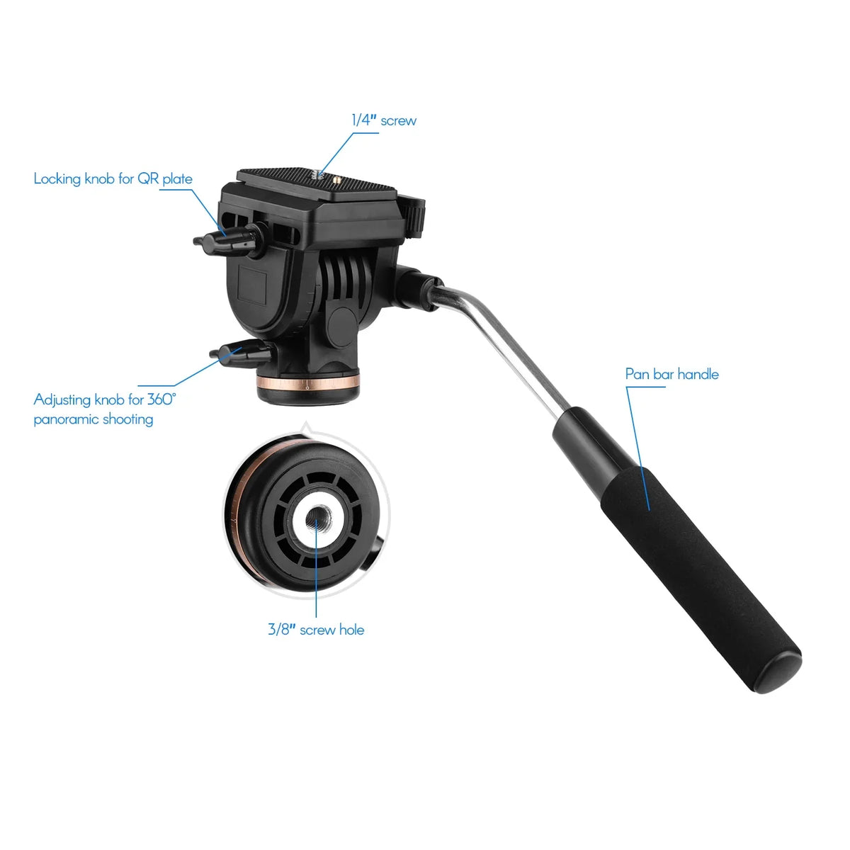 Docooler Professional Camera Video Fluid Drag Pan Head Damping Tripod Head 6kg Load Capacity with Handle 1 4 Inch Quick Release Plates suitable with DSLR Cameras Camcorders