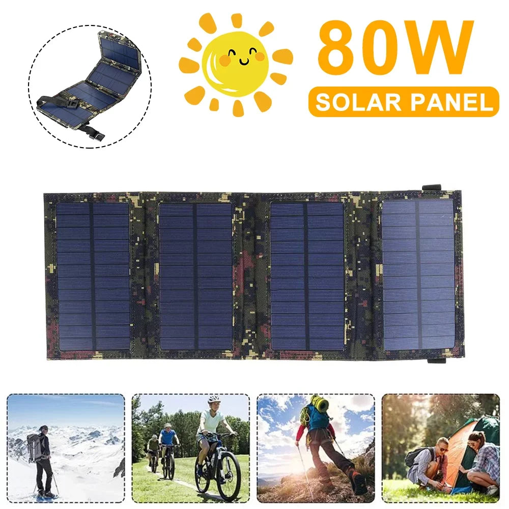 JLLOM 2Pcs 80W USB Solar Panel Folding Portable Power Bank Outdoor Hiking Phone Charger Kit