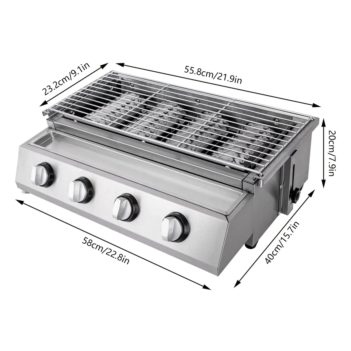 Countertop Barbeque Grill, LPG Gas 4-Burner Stainless Steel Grill for Outdoor Sliver