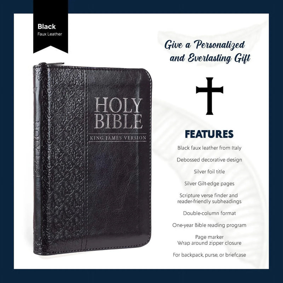 Personalized KJV Compact Pocket Bible with Zipper Closure King James Version Faux Leather Holy Bible with Custom Name Up To 3 Rows Of Text - Ideal for Travel in backpack, purse, or briefcase | Black