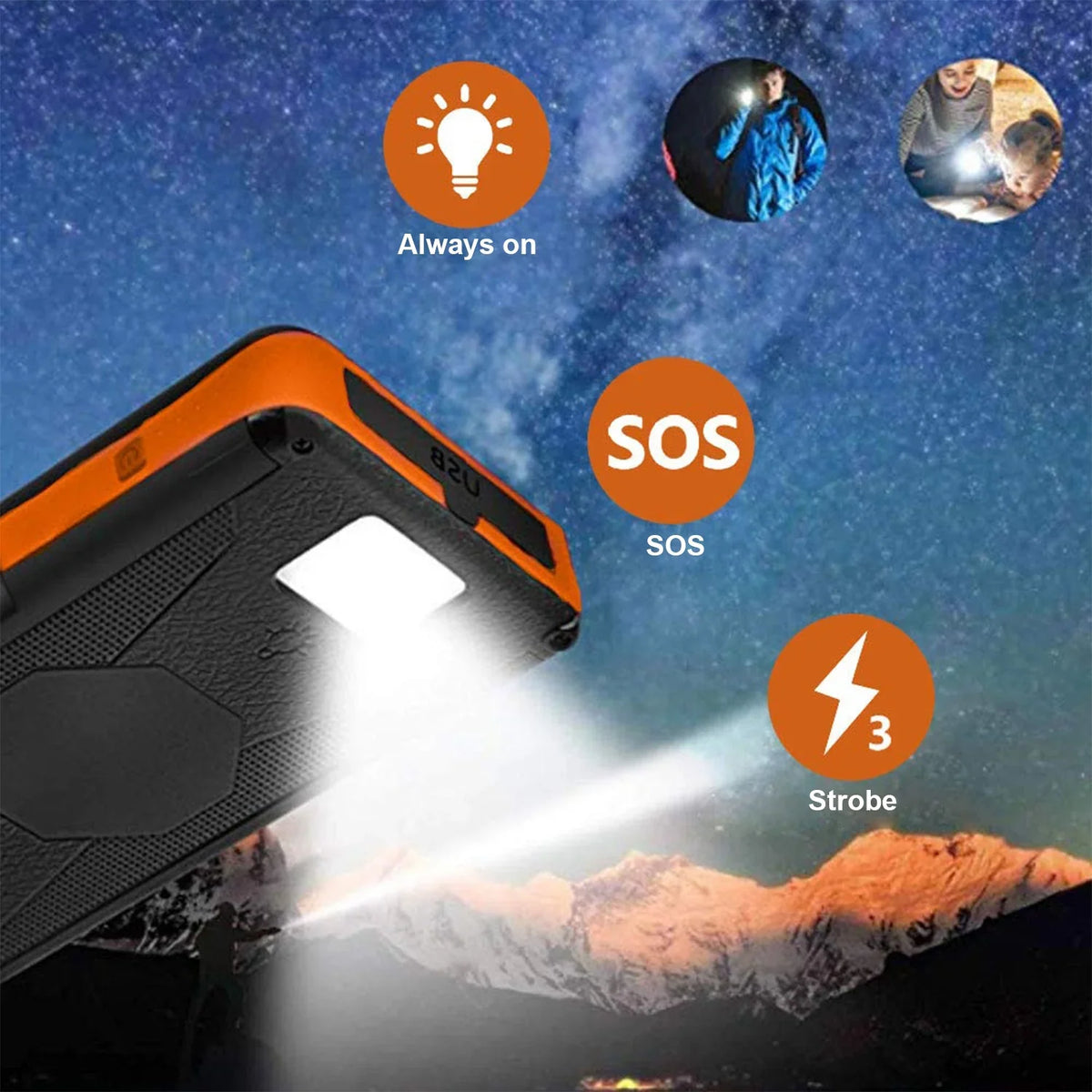 SOLPOWBEN 30000mAh Solar Charger 4 Panels Detachable, Portable Solar Power Bank, with LED Light Flashlight, Dual 5V USB Ports for Outdoor Camping Hiking (Orange)