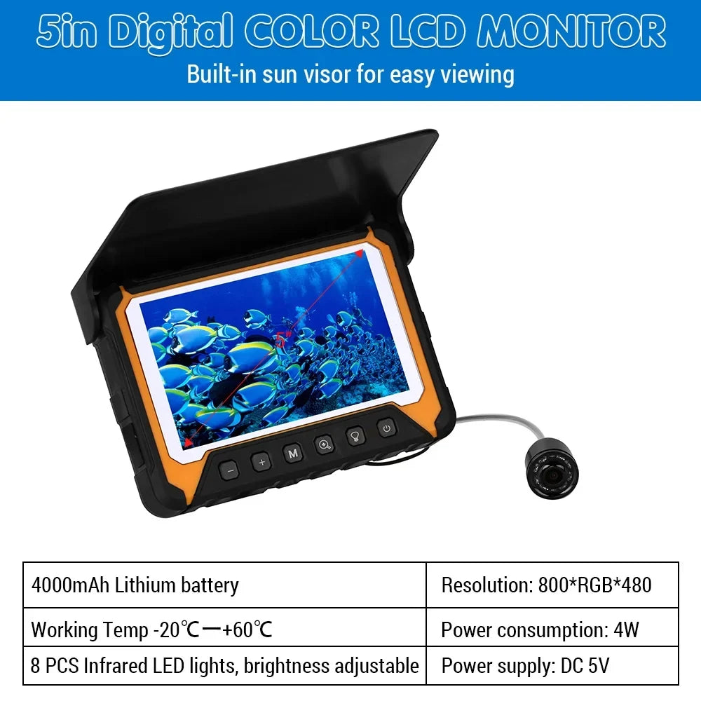 Underwater Fishing Camera 5in LCD , 120° Wide Angle, 500,000 Pixels, 8 Pcs IR Night Vision Suitable for River/Ice Fishing