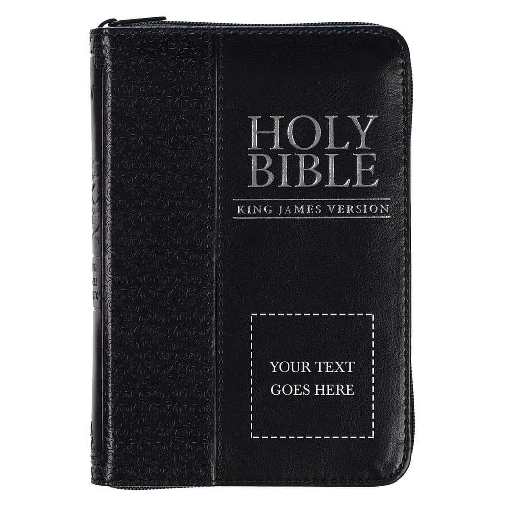 Personalized KJV Compact Pocket Bible with Zipper Closure King James Version Faux Leather Holy Bible with Custom Name Up To 3 Rows Of Text - Ideal for Travel in backpack, purse, or briefcase | Black