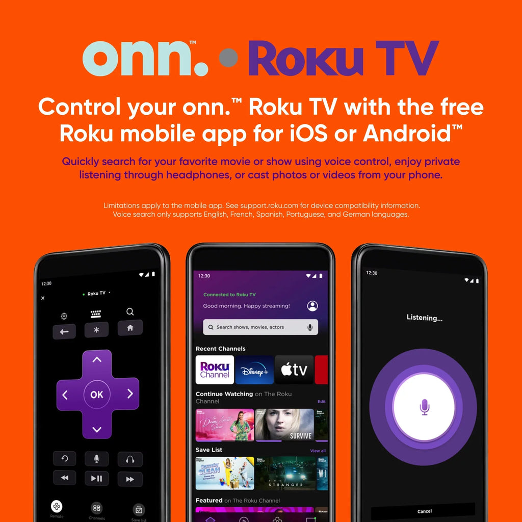 50” QLED 4K UHD (2160p) Roku Smart TV with Dolby Atmos, Dolby Vision, Local Dimming, 120hz Effective Refresh Rate, and HDR (100071700). onn