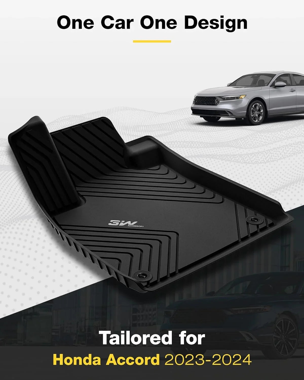 3W Custom Fit All elements Floor Mats for Honda Accord 2023-2024 (Hatchback, Coupe, Sedan) - Heavy Duty TPE, Front & Rear 2 Rows (Including Hybrid Model), Black
