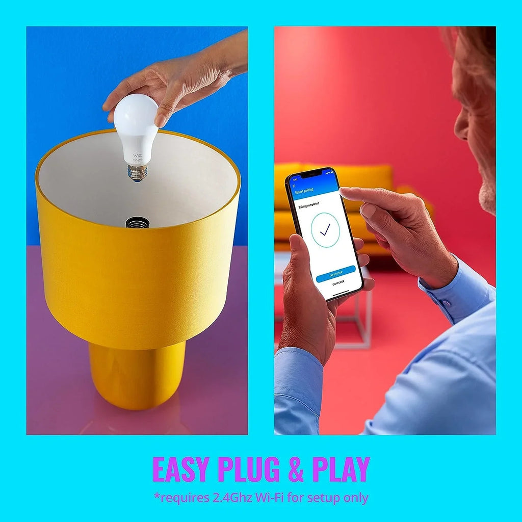 WiZ 60W A19 Color LED Smart Bulb - Pack of 6 - E26- Indoor - Connects to Your Existing Wi-Fi - Control with Voice or App + Activate with Motion - Matter matching
