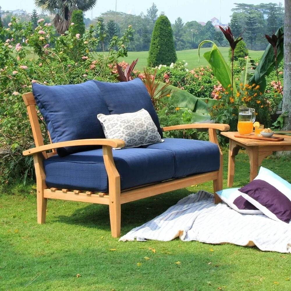 Cambridge Casual Leon Teak Patio Loveseat with Cushion Plantation Teak/Beige Cushion