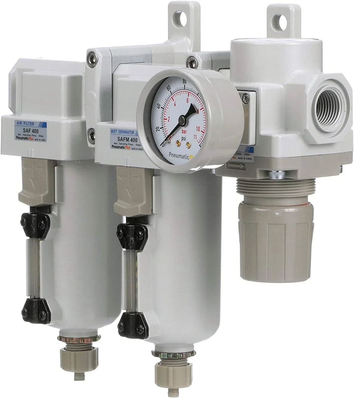 3 Stage Compressed Air Filter Dryer System - Particulate Air Filter, Coalescing Air Filter, Compressed Air Pressure Regulator Combo, 1/2" NPT - Metal Bowl, Manual Drain