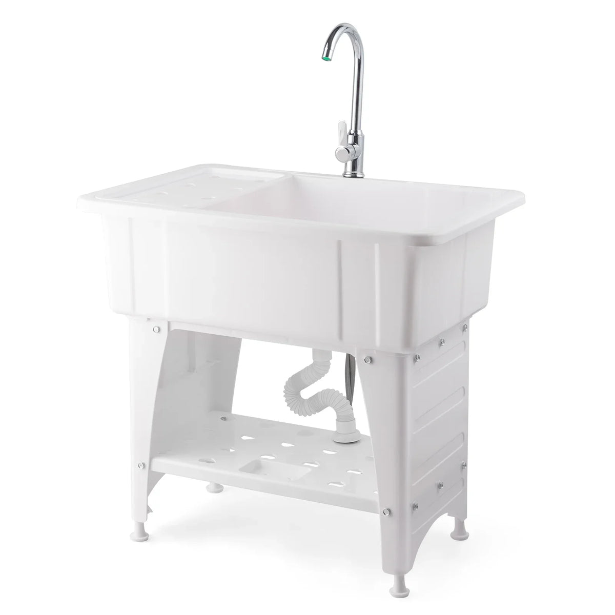 Spacious White Utility Sink Laundry Tub Freestanding Wash Station W/ Shelf, Removable Drainboard, Stainless Steel Faucet