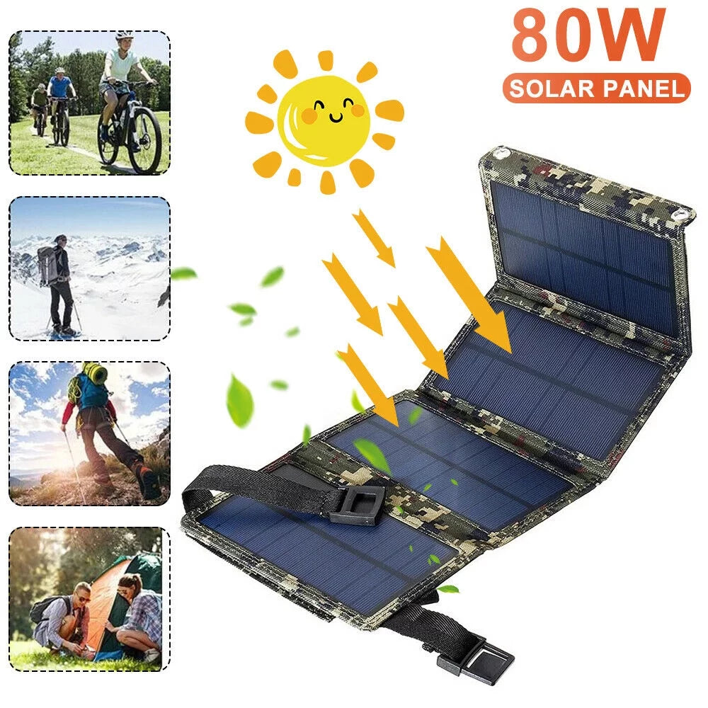 JLLOM 2Pcs 80W USB Solar Panel Folding Portable Power Bank Outdoor Hiking Phone Charger Kit