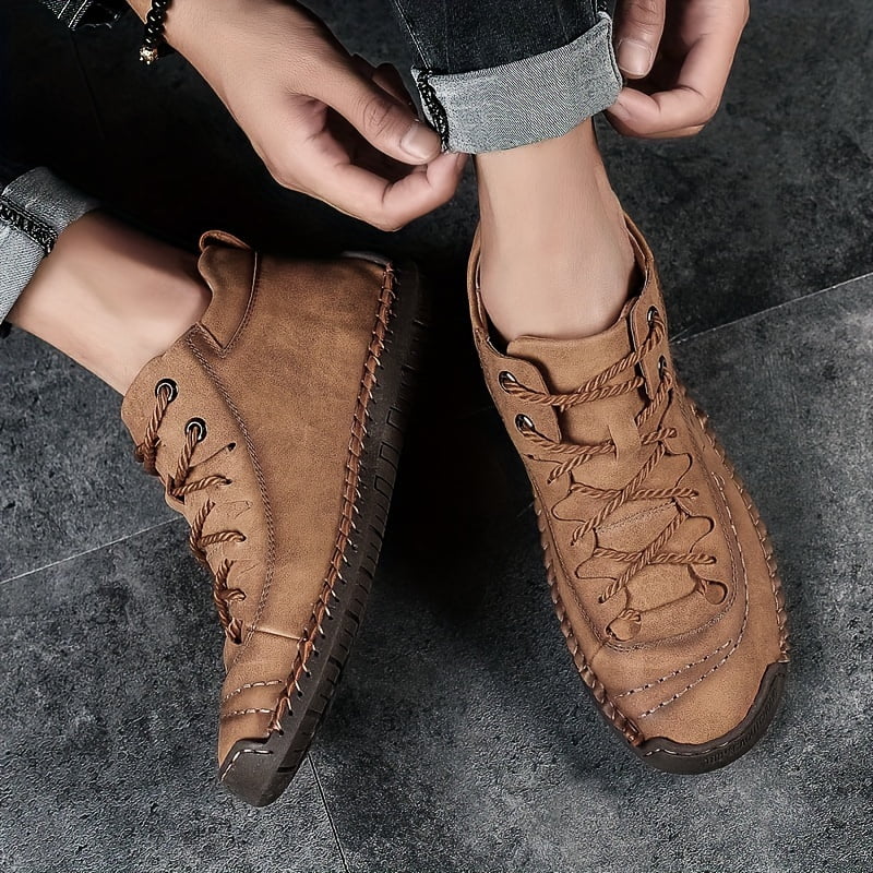 KINODAY Synthetic Leather Hand-stitching Ankle Boots  Breathable Anti-slip Lace-up Walking Shoes For Outdoor  Spring Summer And Autumn