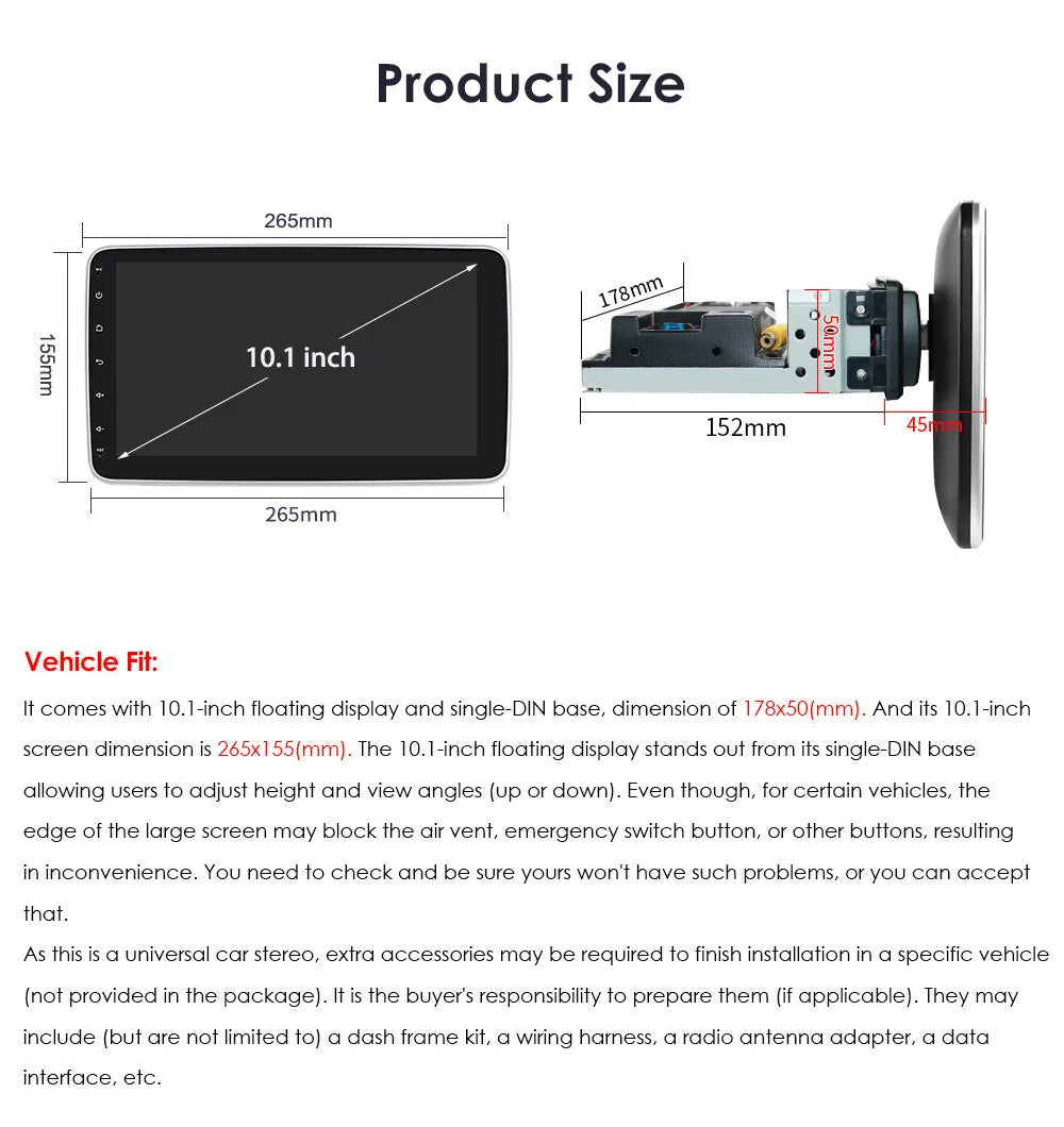 Single 1 DIN Rotatable 10.1'' 1280*720 IPS Android 12 2+32GB Bluetooth Car GPS Navigation WiFi Stereo Radio  CarPlay