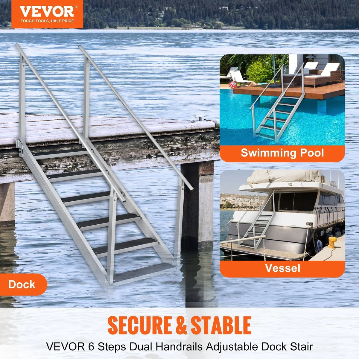 Adjustable Height. Vevor  500 lbs Load Aluminum Alloy 6-Steps Pontoon ship Dock Ladder with 43 to 51 in