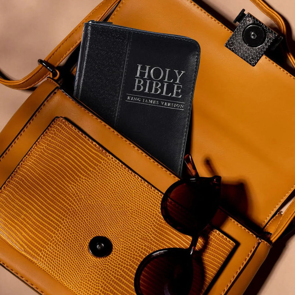 Personalized KJV Compact Pocket Bible with Zipper Closure King James Version Faux Leather Holy Bible with Custom Name Up To 3 Rows Of Text - Ideal for Travel in backpack, purse, or briefcase | Black