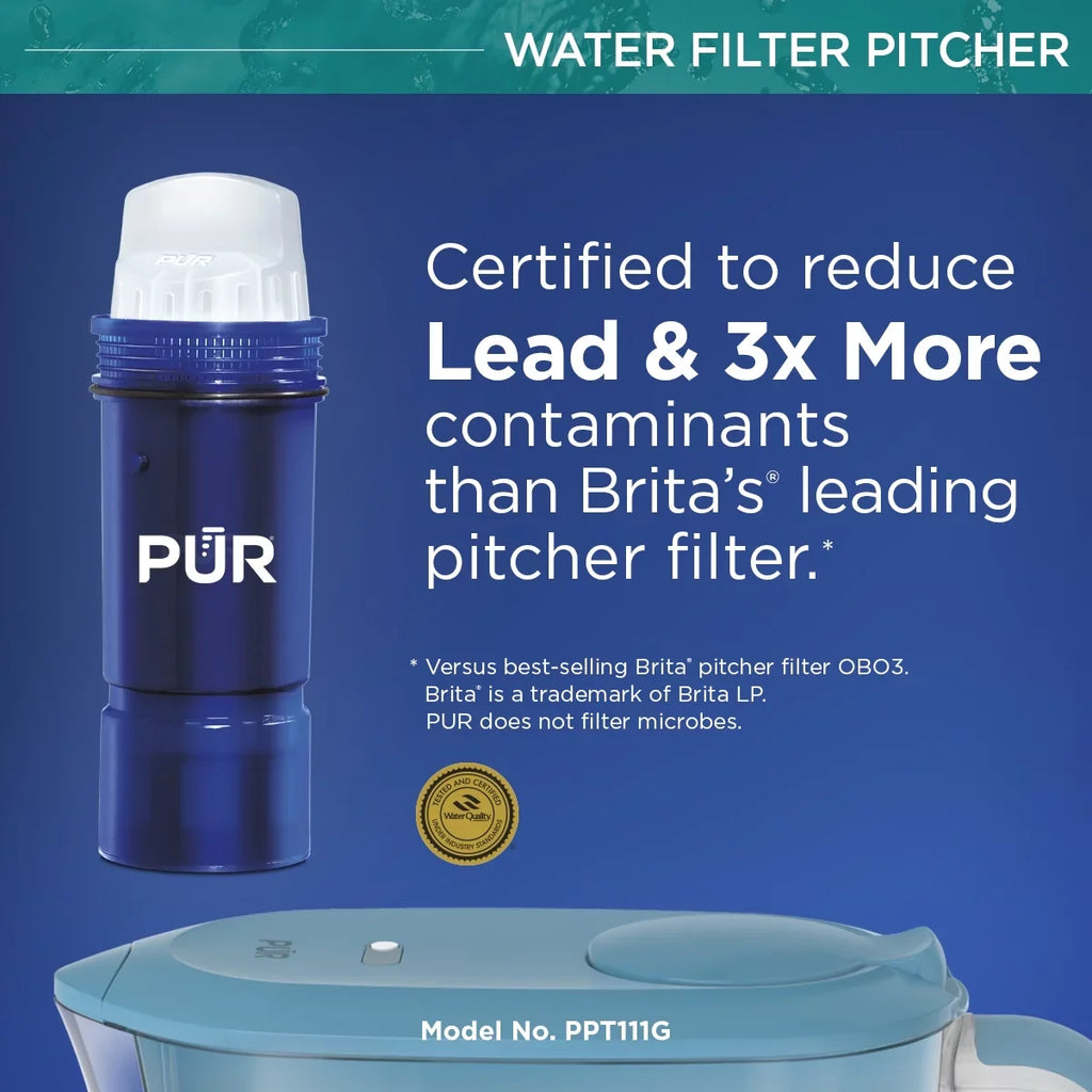PUR PLUS 11-Cup aqua Pitcher Filtration System, W 11.4" x H 10.4" x L 4.9", Aqua, PPT111G
