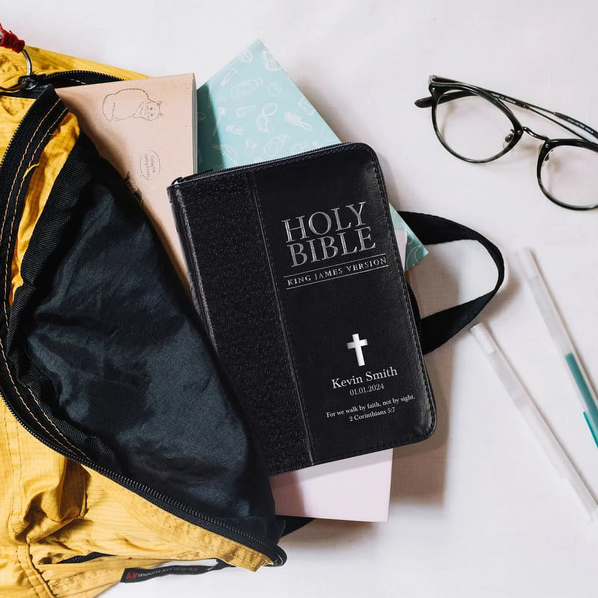 Personalized KJV Compact Pocket Bible with Zipper Closure King James Version Faux Leather Holy Bible with Custom Name Up To 3 Rows Of Text - Ideal for Travel in backpack, purse, or briefcase | Black