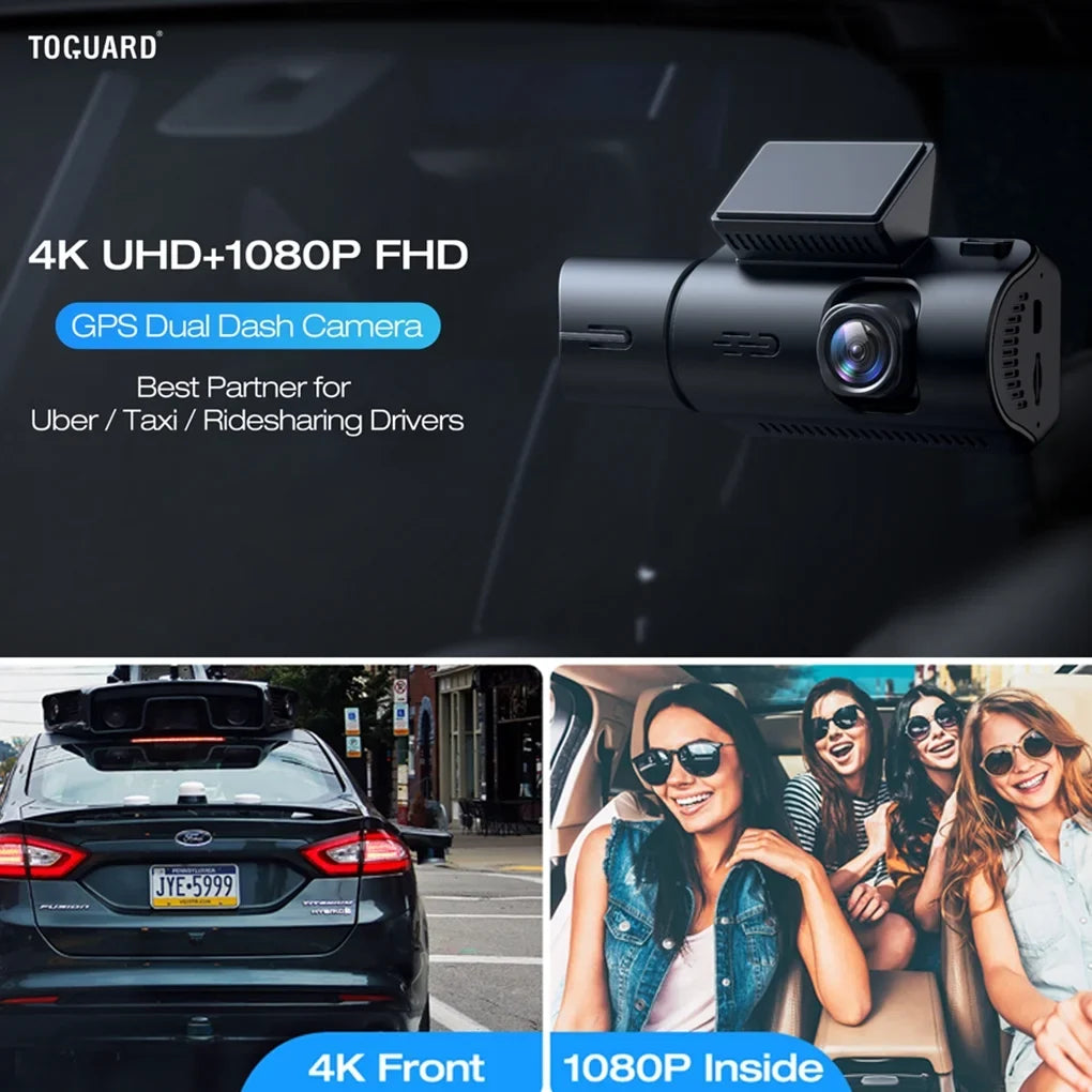 TOGUARD Front and Inside Dual Dash Camera 4K Car Dash Cam with GPS 3.16" Display, 170° Wide Angle, IR Night Vision, Support 256GB Max, Black