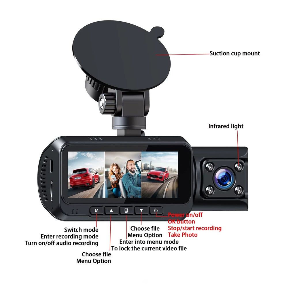 4K Dash Cam Front and Rear TOGUARD 3 Channel Front Inside Rear Dash Camera Car Camera with IR Night Vision, GPS, Loop Recording, G-sensor, Parking Monitor, Motion Detection