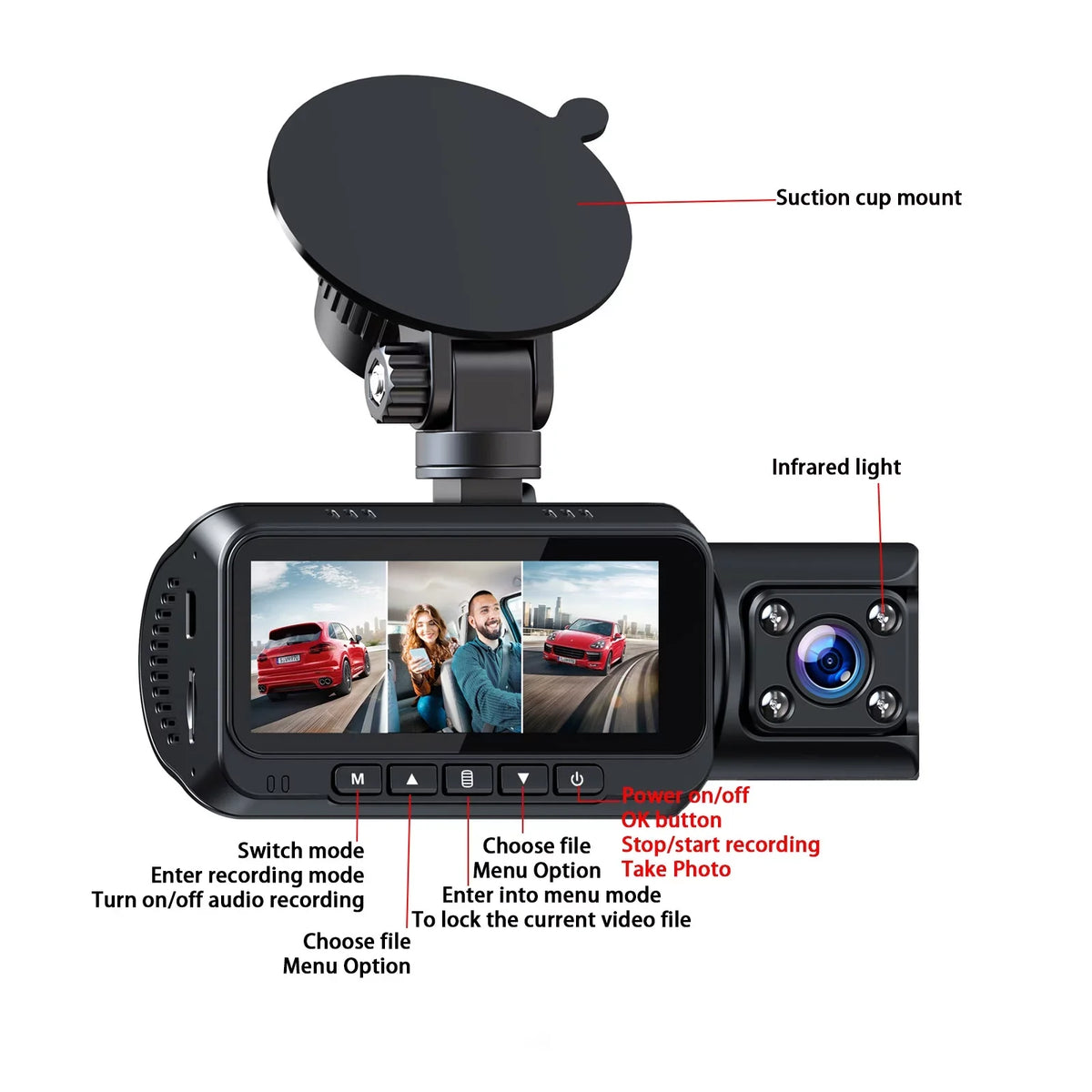 4K Dash Cam Front and Rear TOGUARD 3 Channel Front Inside Rear Dash Camera Car Camera with IR Night Vision, GPS, Loop Recording, G-sensor, Parking Monitor, Motion Detection