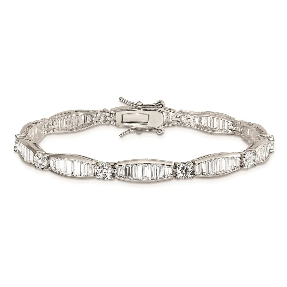 Sterling Silver Rhodium-plated Baguette and Round CZ Bracelet QQX400CZ