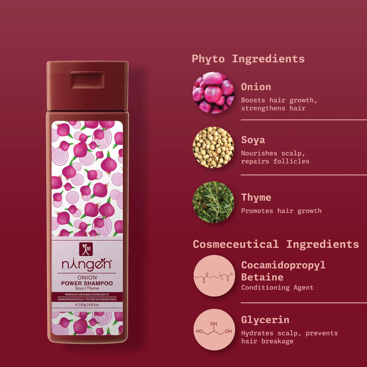 Ningen Red Onion Hair Shampoo I Contains Soya And Thyme I Blended With Nutrition Rich Soya And Thyme I Dermatologically Tested I 200G
