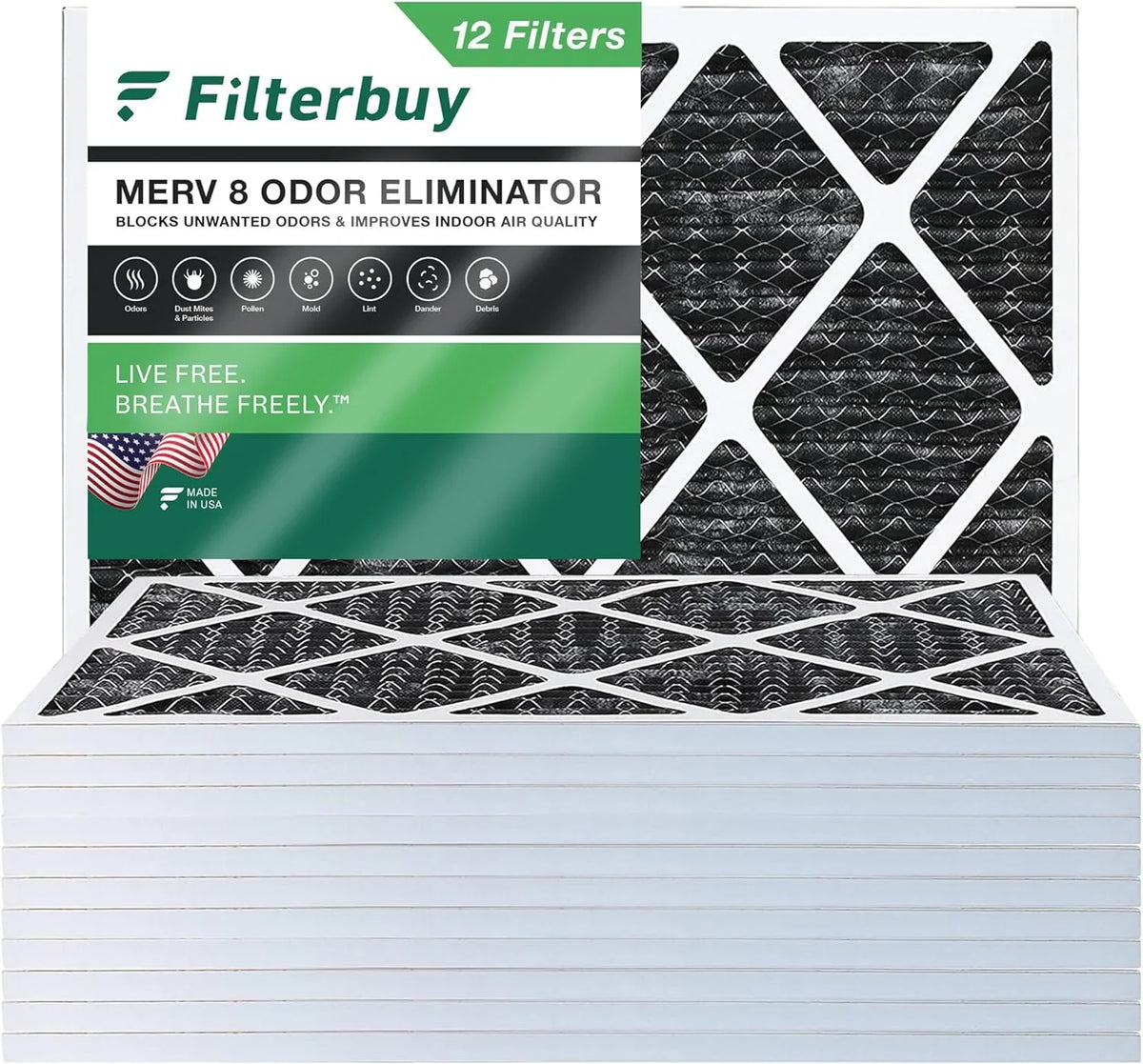 Filterbuy 22x24x1 MERV 8 Odor Eliminator Pleated HVAC AC Furnace Air Filters with Activated Carbon (12-Pack)