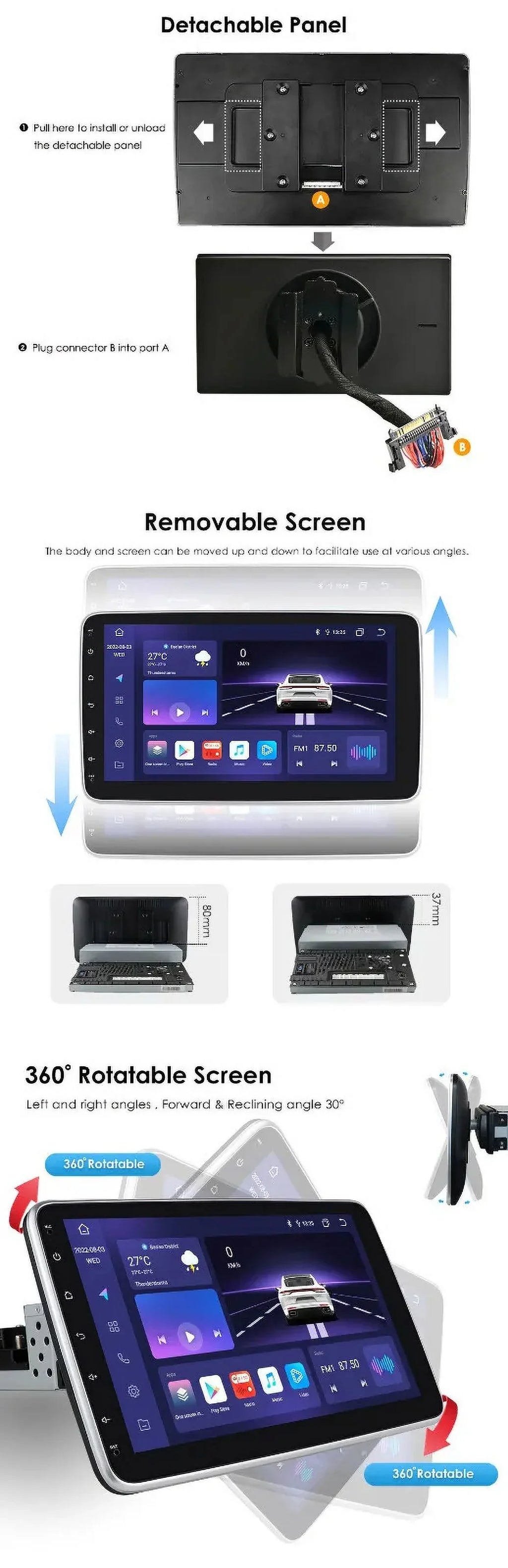 Single 1 DIN Rotatable 10.1'' 1280*720 IPS Android 12 2+32GB Bluetooth Car GPS Navigation WiFi Stereo Radio  CarPlay