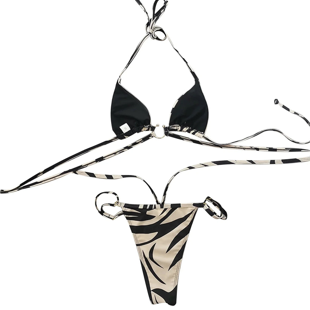 Swimsuits for Women Sexy Panda Two Color Striped Lace Up Split Bikini Swimsuit