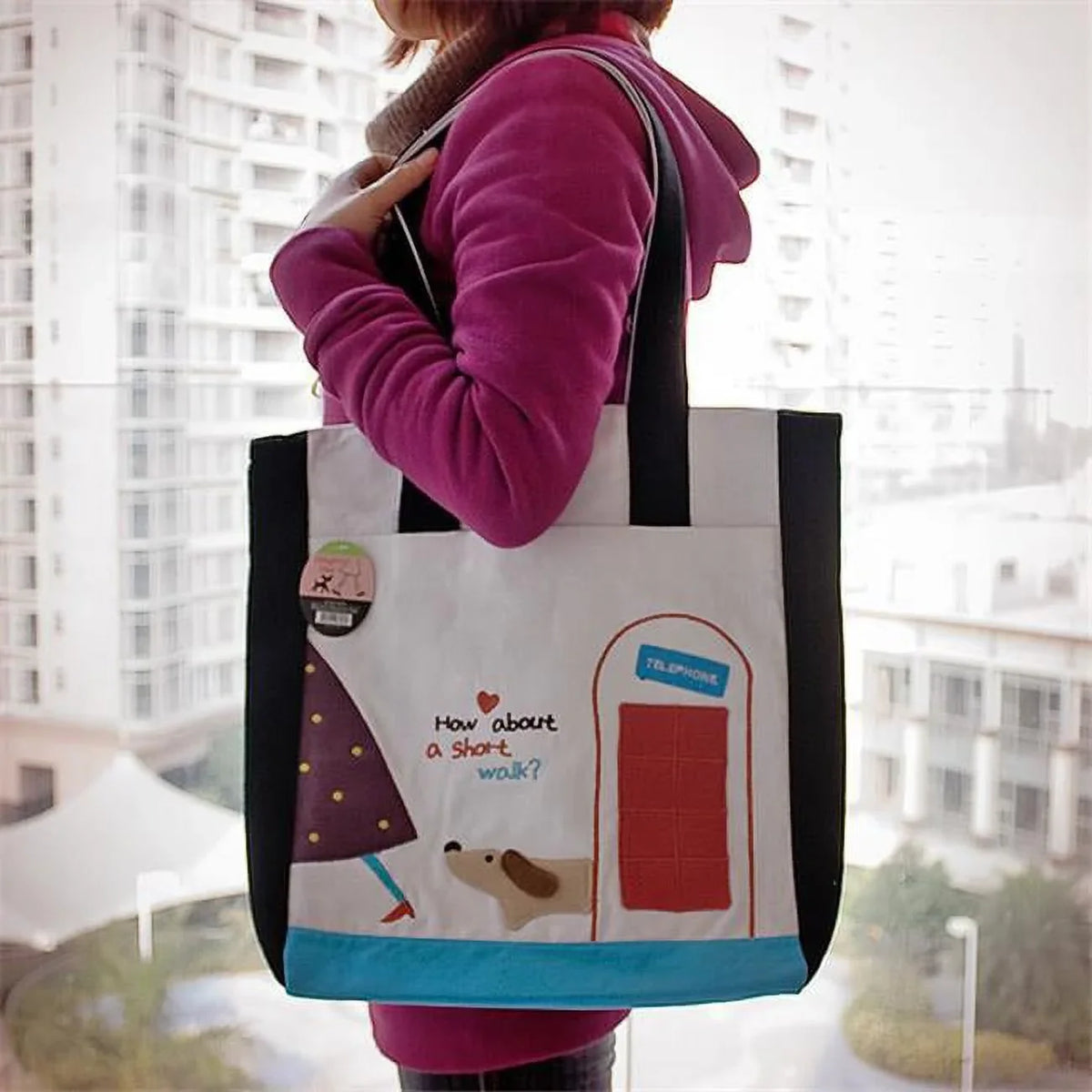 A Short Walk - Embroidered Applique Fabric Art Shoulder Tote Bag & Shopper Bag. BE-30-BLACK 14 x 14.5 x 4 in