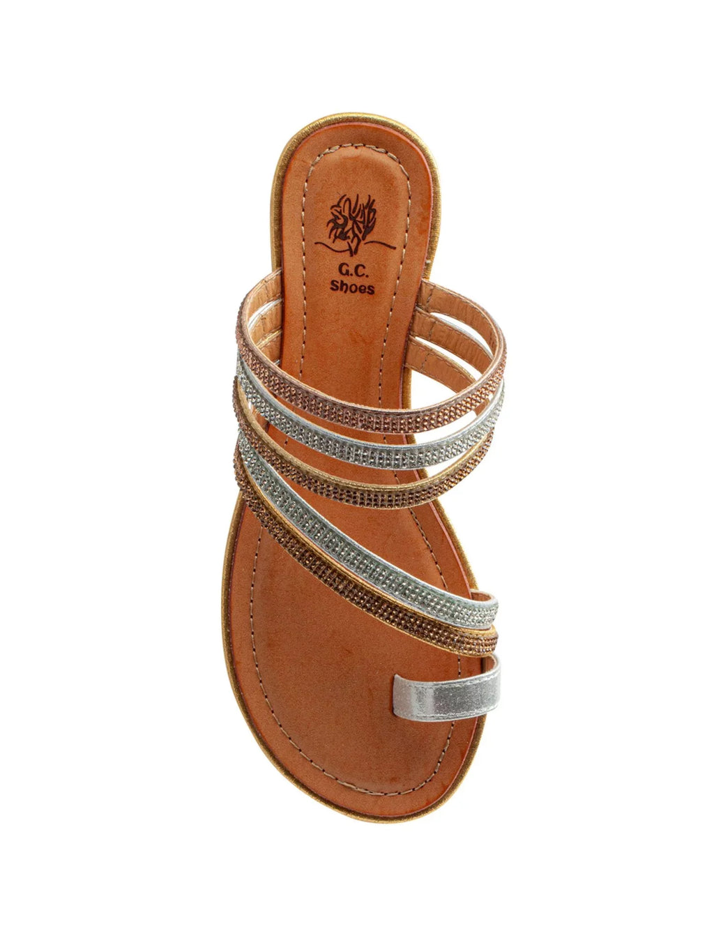 SHOES Womens Gold Strappy Toe-Loop Rhinestone Padded Harmonie Round Toe Wedge Slip On Slide Sandals 9. G.C