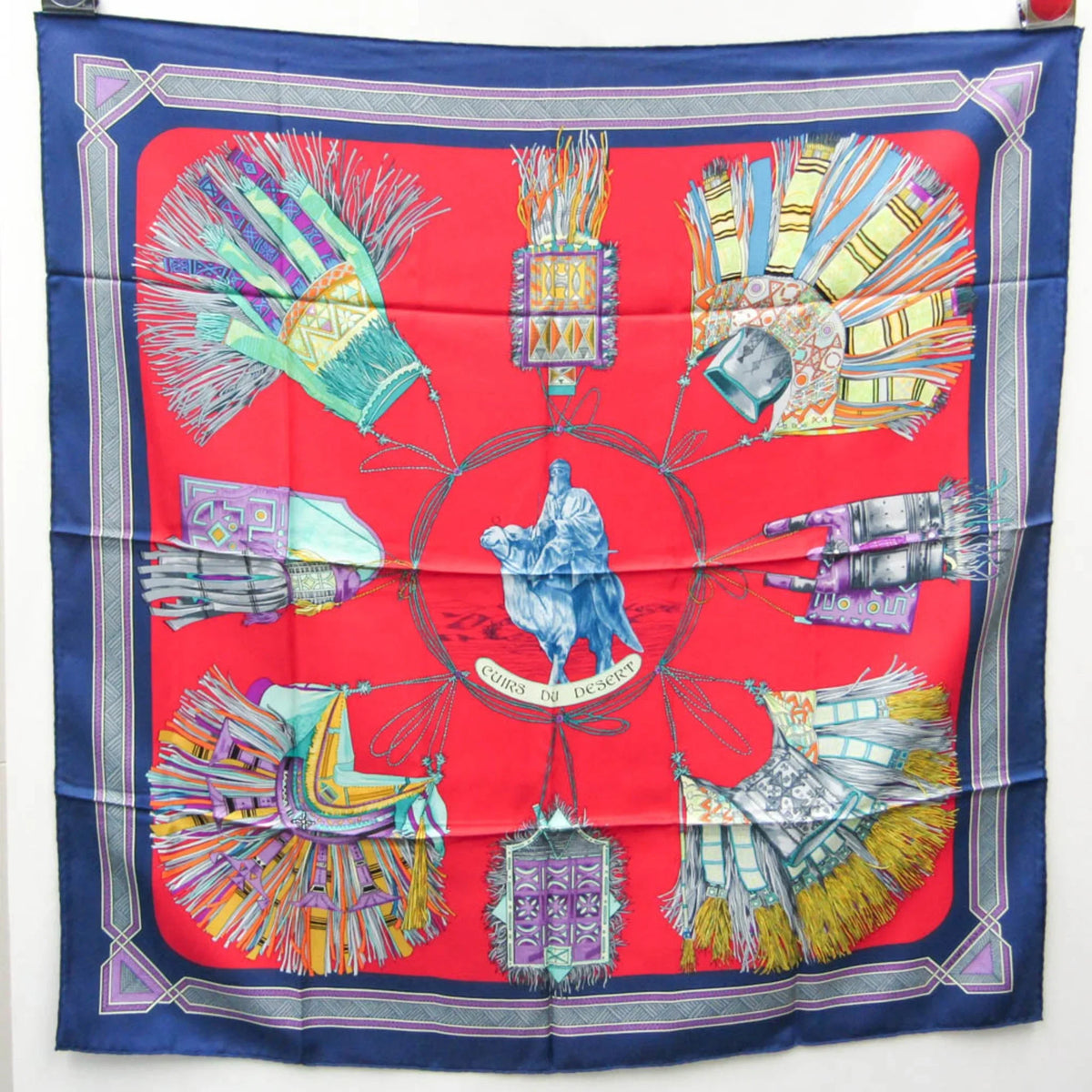 Pre-Owned Hermes Carre90 CUIRS DU DESERT Women's Silk Scarf Multi-color,Navy,Red Color (Good)