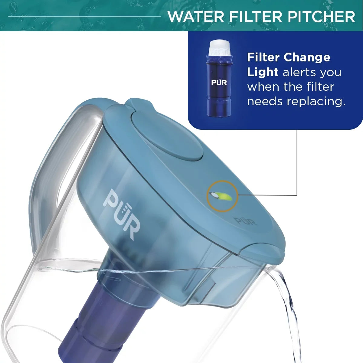 PUR PLUS 11-Cup aqua Pitcher Filtration System, W 11.4" x H 10.4" x L 4.9", Aqua, PPT111G
