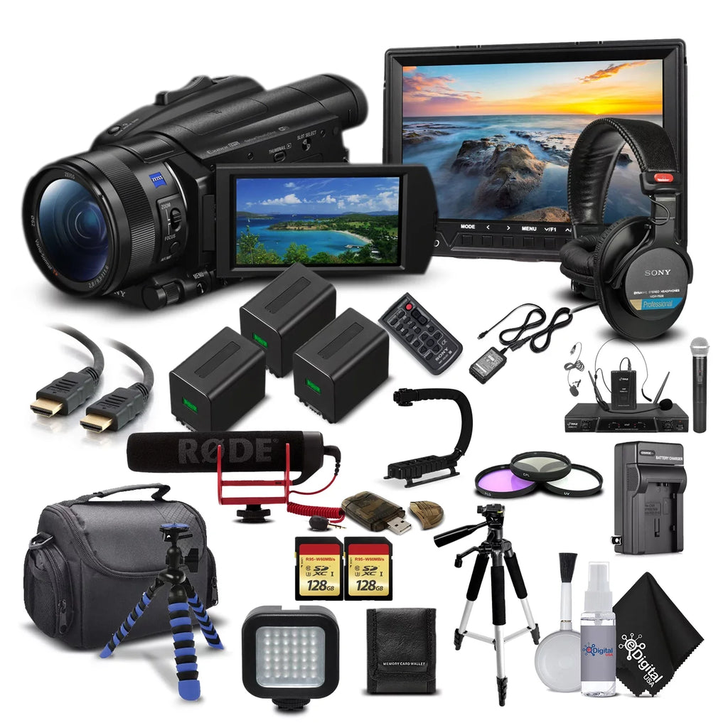 Handycam FDR-AX700 4K HD Video Camera Camcorder + 2 extra Batteries and Charger + 128GB Memory Card + Hard Case + M