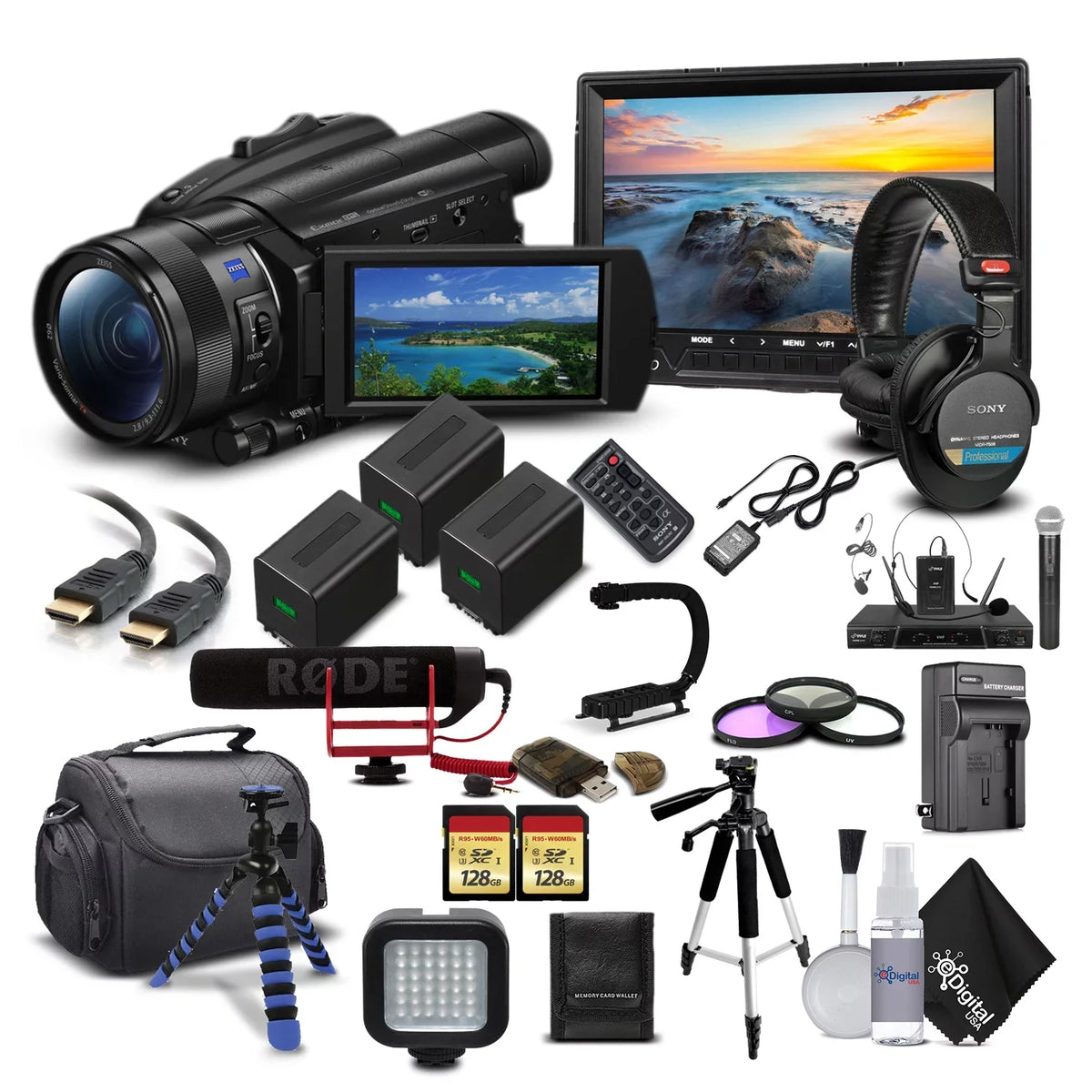 Handycam FDR-AX700 4K HD Video Camera Camcorder + 2 extra Batteries and Charger + 128GB Memory Card + Hard Case + M