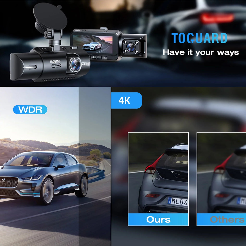 TOGUARD Front and Inside Dual Dash Camera 4K Car Dash Cam with GPS 3.16" Display, 170° Wide Angle, IR Night Vision, Support 256GB Max, Black