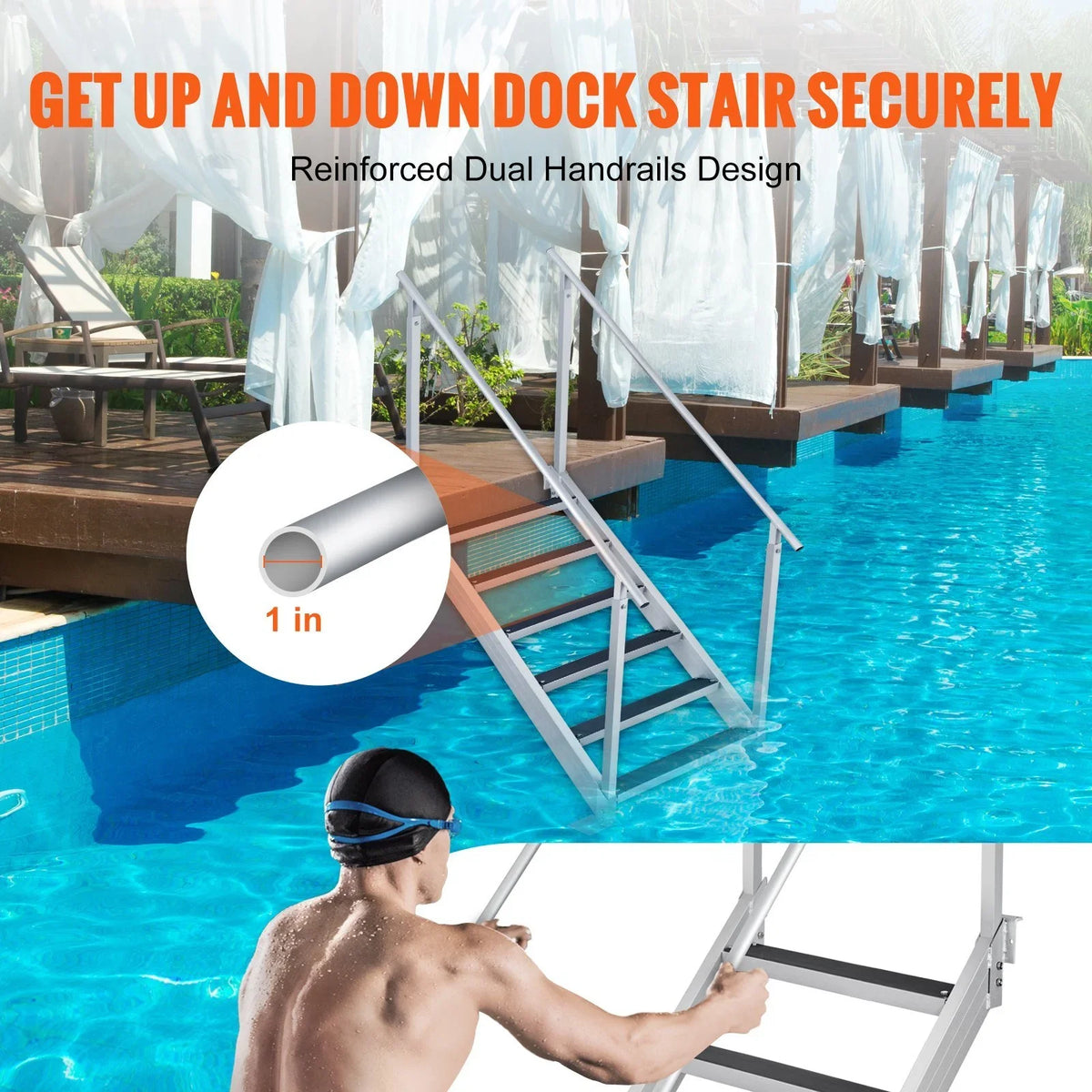 Adjustable Height. Vevor  500 lbs Load Aluminum Alloy 6-Steps Pontoon ship Dock Ladder with 43 to 51 in